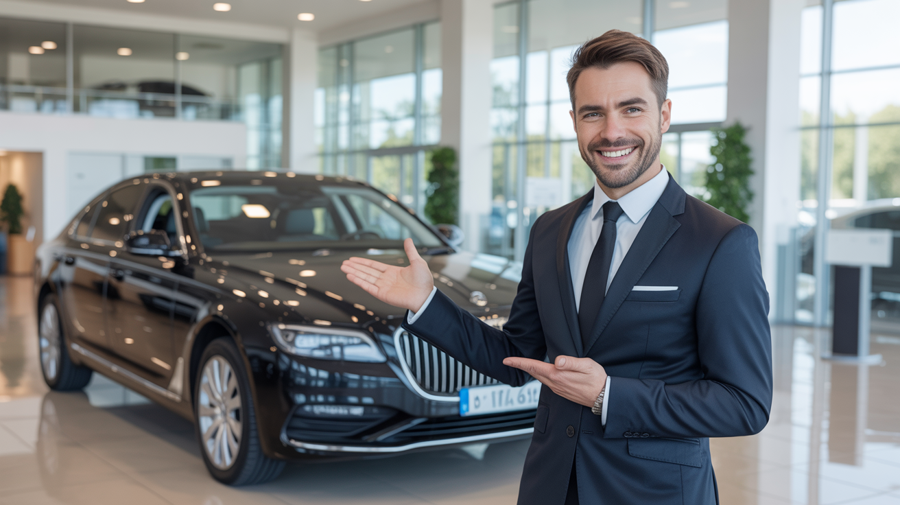 Agent ACE AUTOMOBILES présentant un véhicule de qualité dans le showroom