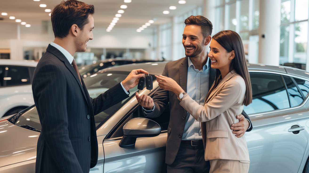 Commercial ACE AUTOMOBILES remettant les clés à un client satisfait après l'achat de sa voiture